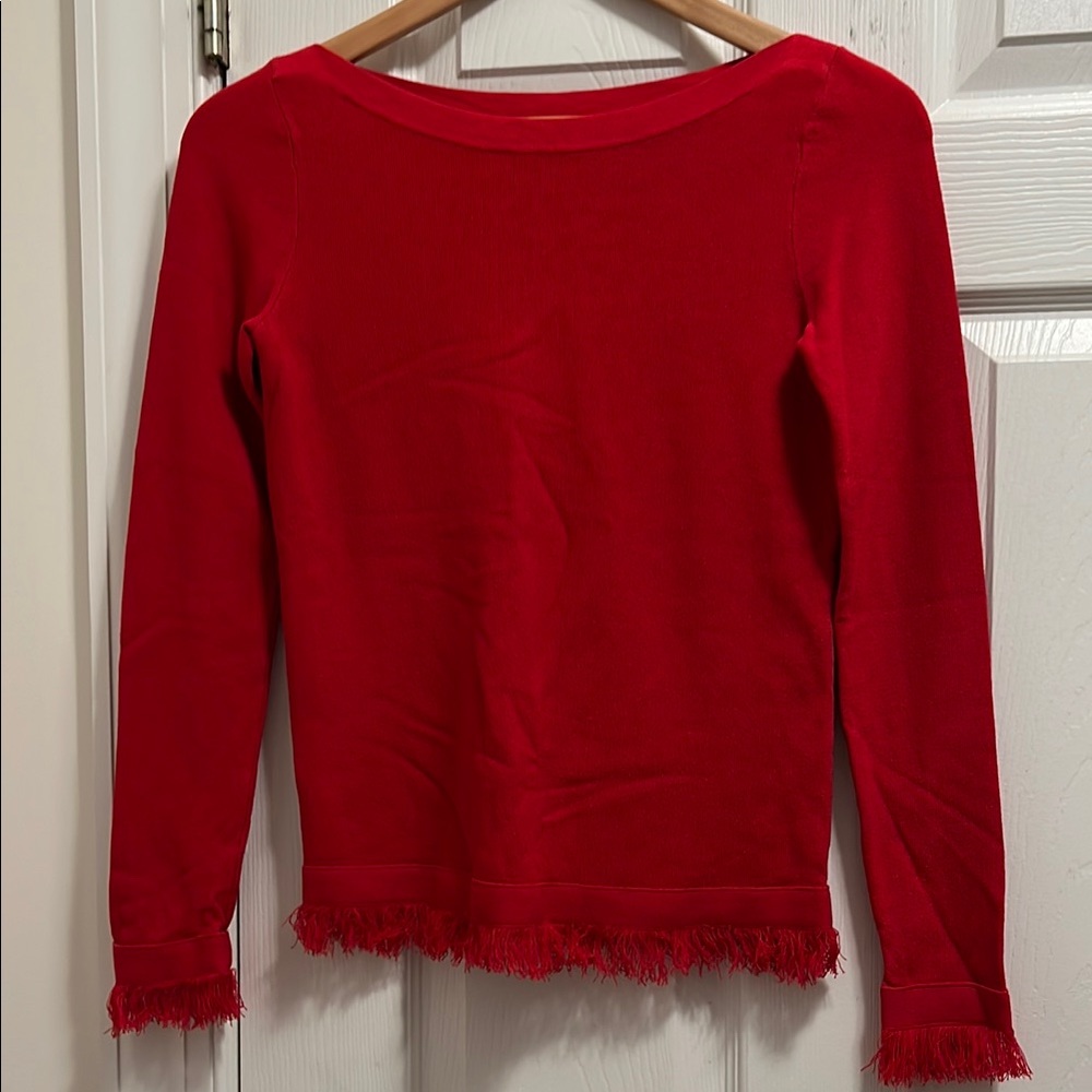 Ann Taylor Vibrant Red Knit Top with Fringe Hem and Sleeves
